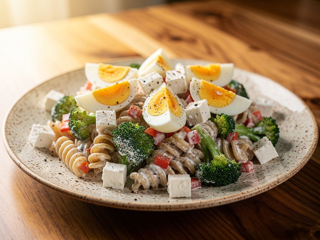 Sałatka z makaronem, brokułem, jajkiem i serem feta (wysokobiałkowa)